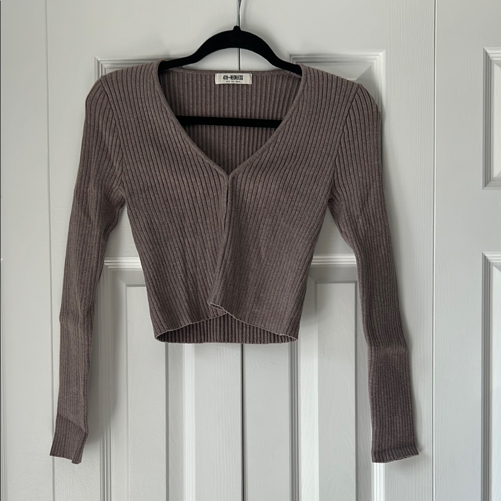 Brown Ribbed Long Sleeve Crop Cardigan